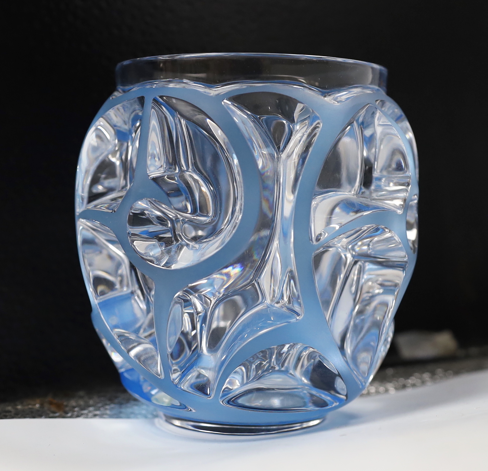 A modern Lalique Tourbillons blue overlaid glass vase with box, signed to the base, 13cm high